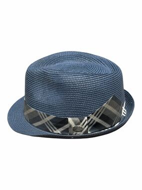 Bailey of Hollywood Men’s Fedora Hat XL Navy Blue Paper Straw Plaid Trilby